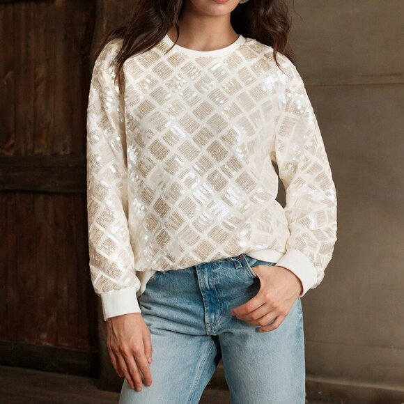 Women's Sequin Embellished Round Neck Loose Fit top - Picture 7 of 8